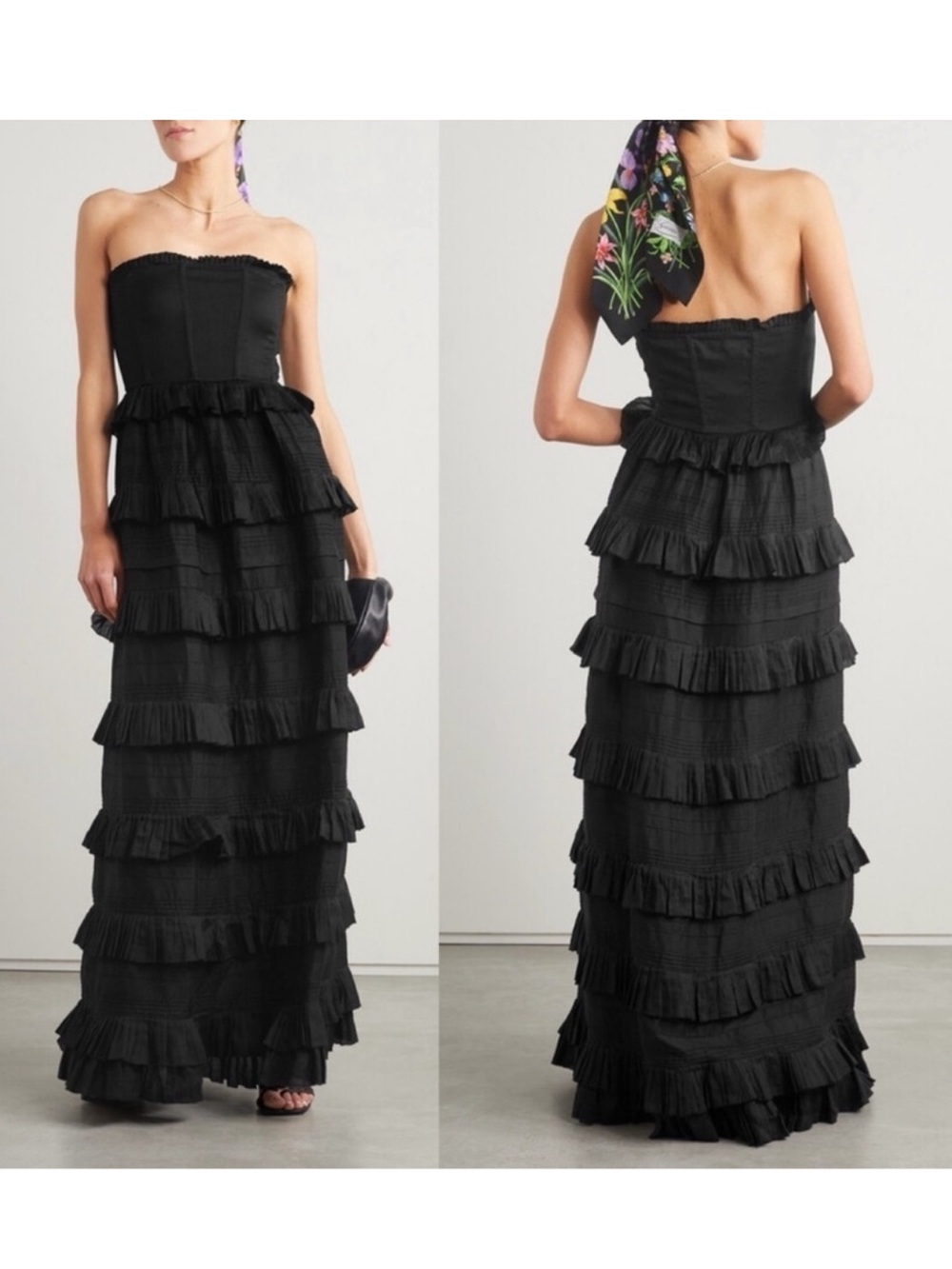 New DOEN Operetta Ruffled Tiered Ramie-voile Maxi Dress in Black Size XL​​​